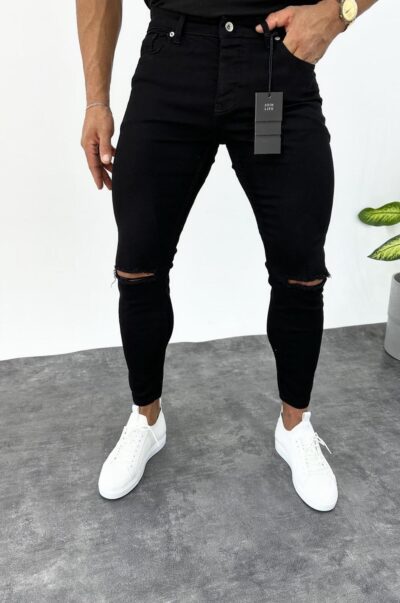 Παντελόνι τζιν slim fit μαύρο με σκισίματα