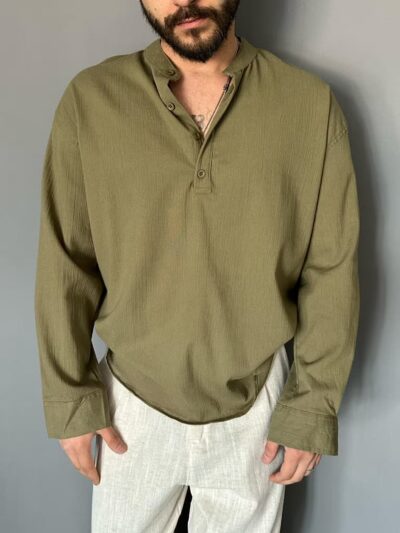 Alternative view of Πουκάμισο χακί με μάο γιακά